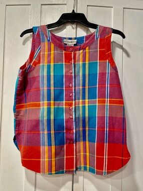 TECHNICS Vintage 100% Cotton Plaid Tank Top Bright Madras Button Front Sz. Small
